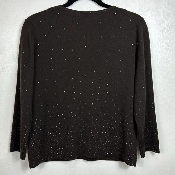EILEEN FISHER Chocolate Brown Merino Wool Sequin-Accent Sweater Size M - Picture 3 of 8